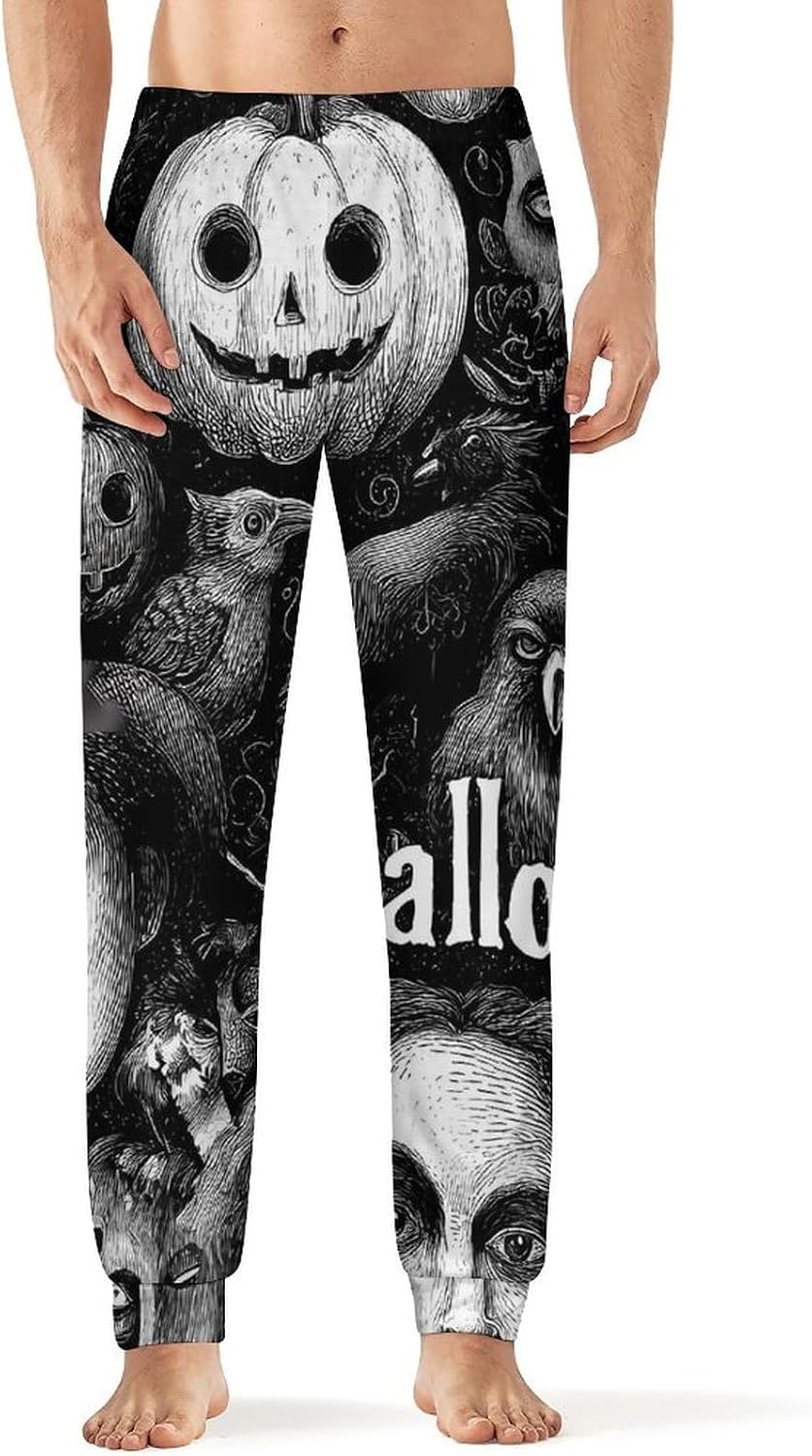Halloween Pumpkins Ghosted Ravens Men's Pajama Pants Lounge Pant Sleepwear PJ Bottoms
