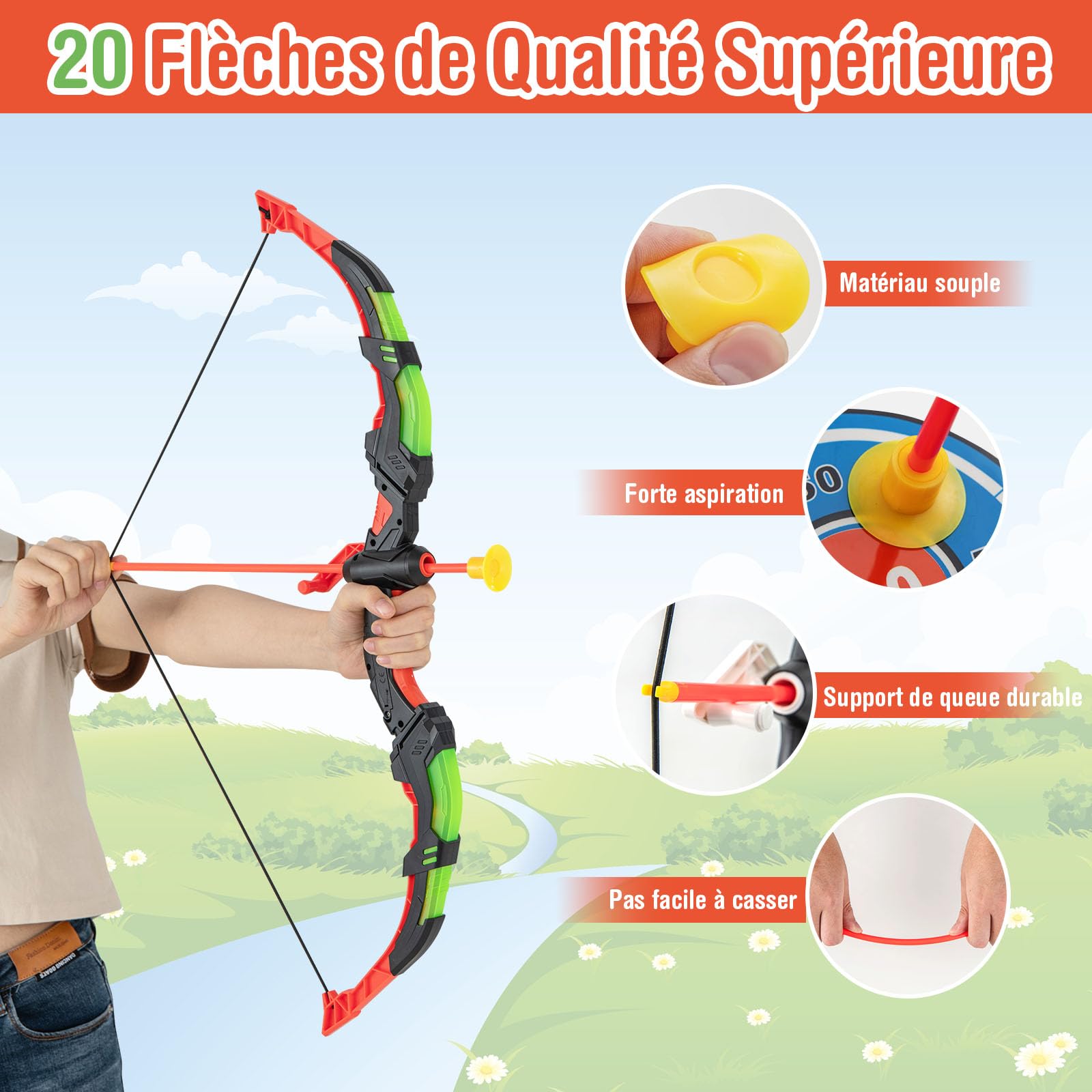 DREAMADE Arc et Flèche pour Enfant 3-12 Ans, Tir à l'arc avec l'arc LED, 20 Flèches à Ventouse, Étui à Flèches, Jouer pour Intérieur/Extérieur
