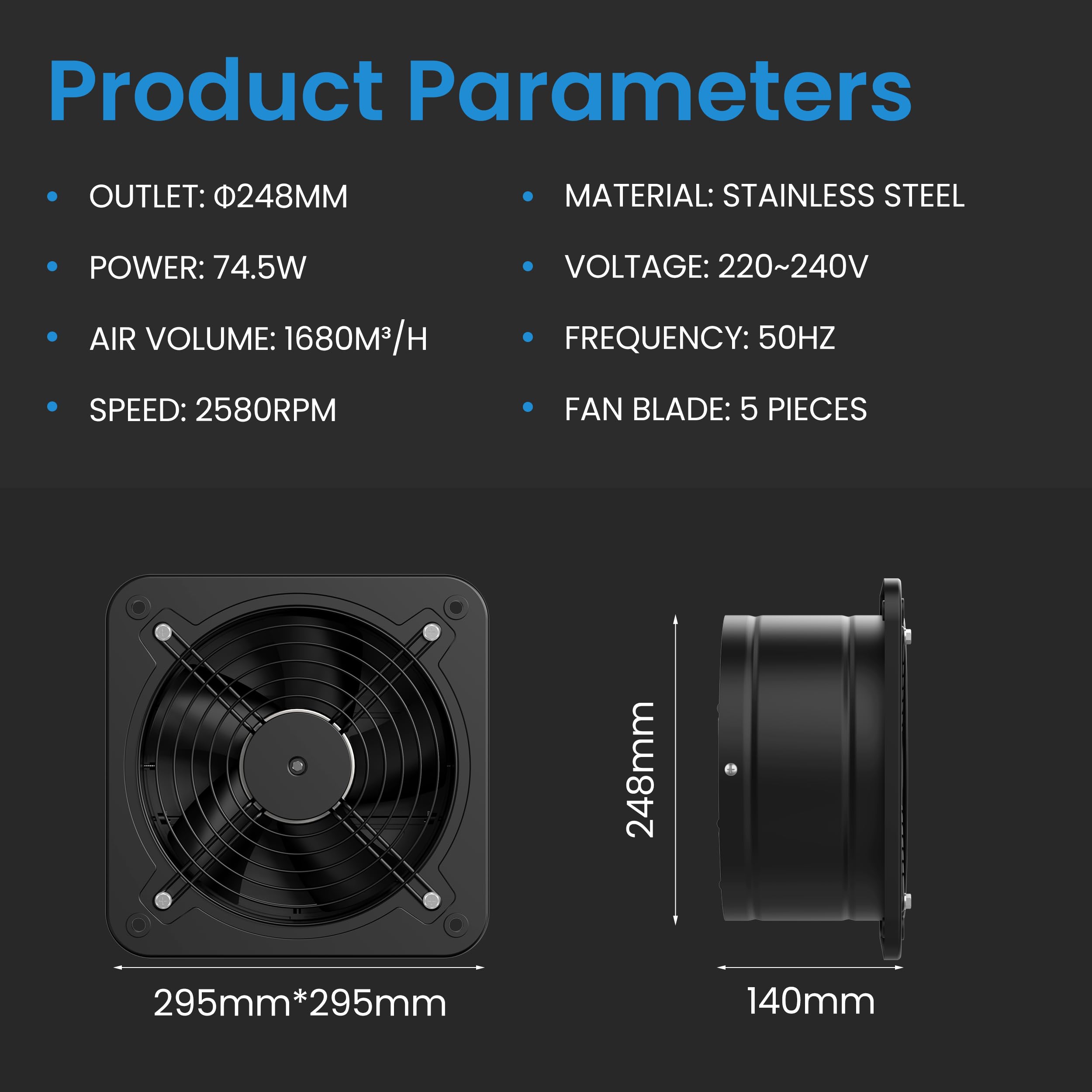Hon&Guan Ventilateur d'extraction d'air 250mm avec Régulateur de Vitesse, Ventilateur de Salle de Bain, en Métal avec Clapet Anti-retour pour Garage Entrepôt Grenier Atelier