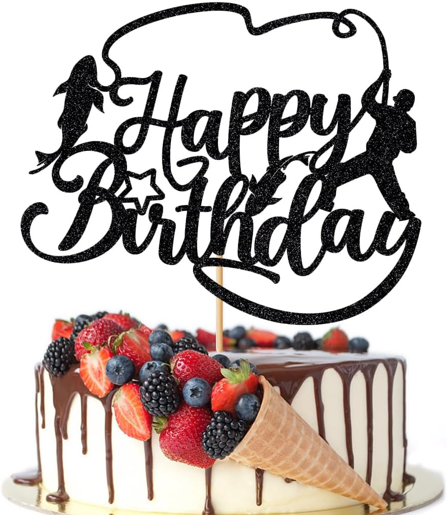 Crseniny Fishing Cake Topper - Glitter Happy Birthday Decoration for Fisherman, Men & Boys Outdoor Fishing Parties