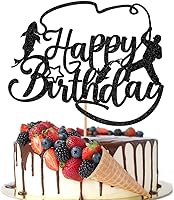 Crseniny Fishing Cake Topper - Glitter Happy Birthday Decoration for Fisherman, Men & Boys Outdoor Fishing Parties