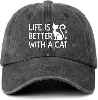 Funny Cat Printed Hat - Life is Better with A Cat - Women's Adjustable Washed Cotton Baseball Cap - Pet Lover Gifts - Birthday Gifts for Mom Wife Sister White