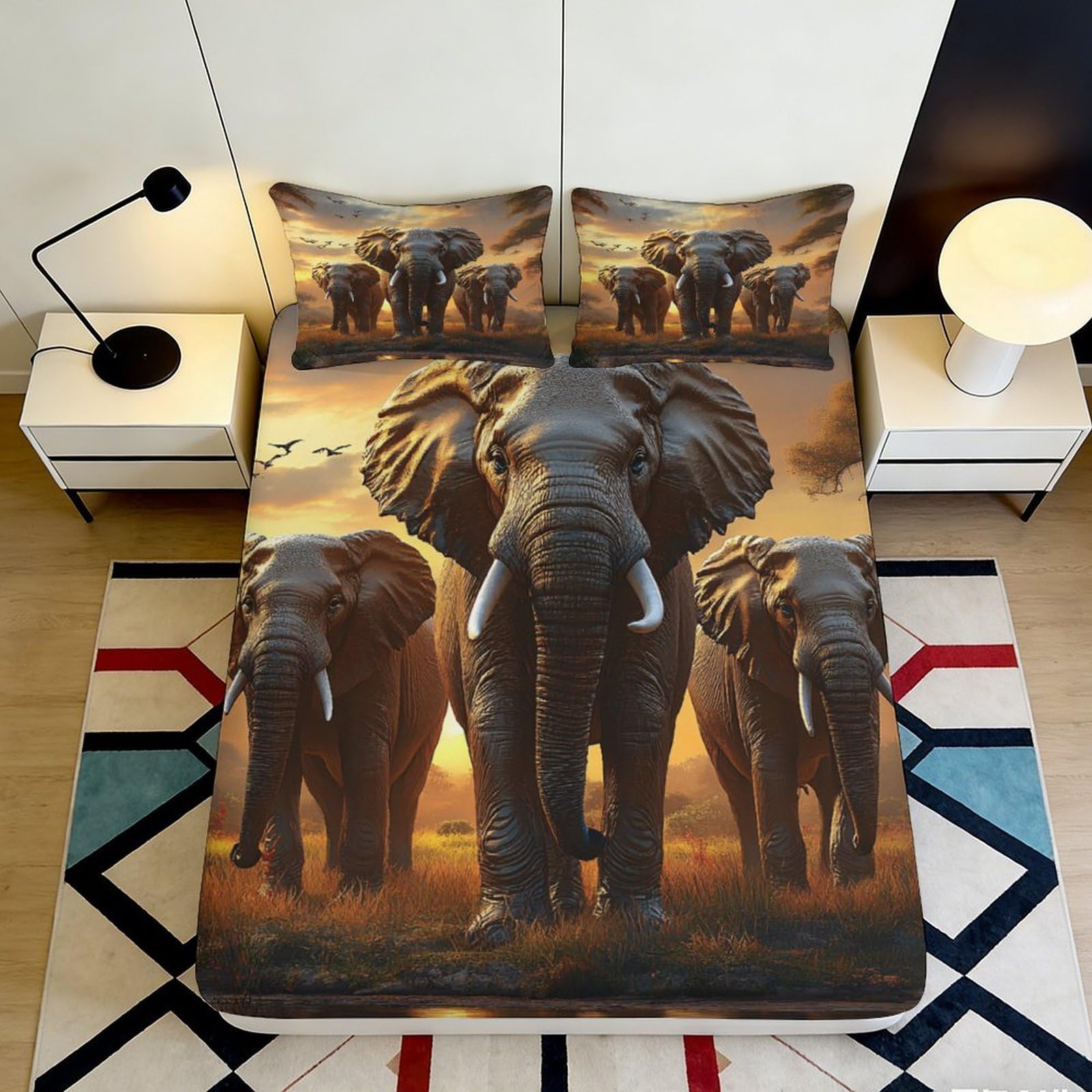 3D Printed Elephant Herd Fitted Sheet Microfiber Soft Animal Sunset Mattress Cover for Bedroom Dorm Decoration 90x200x25cm