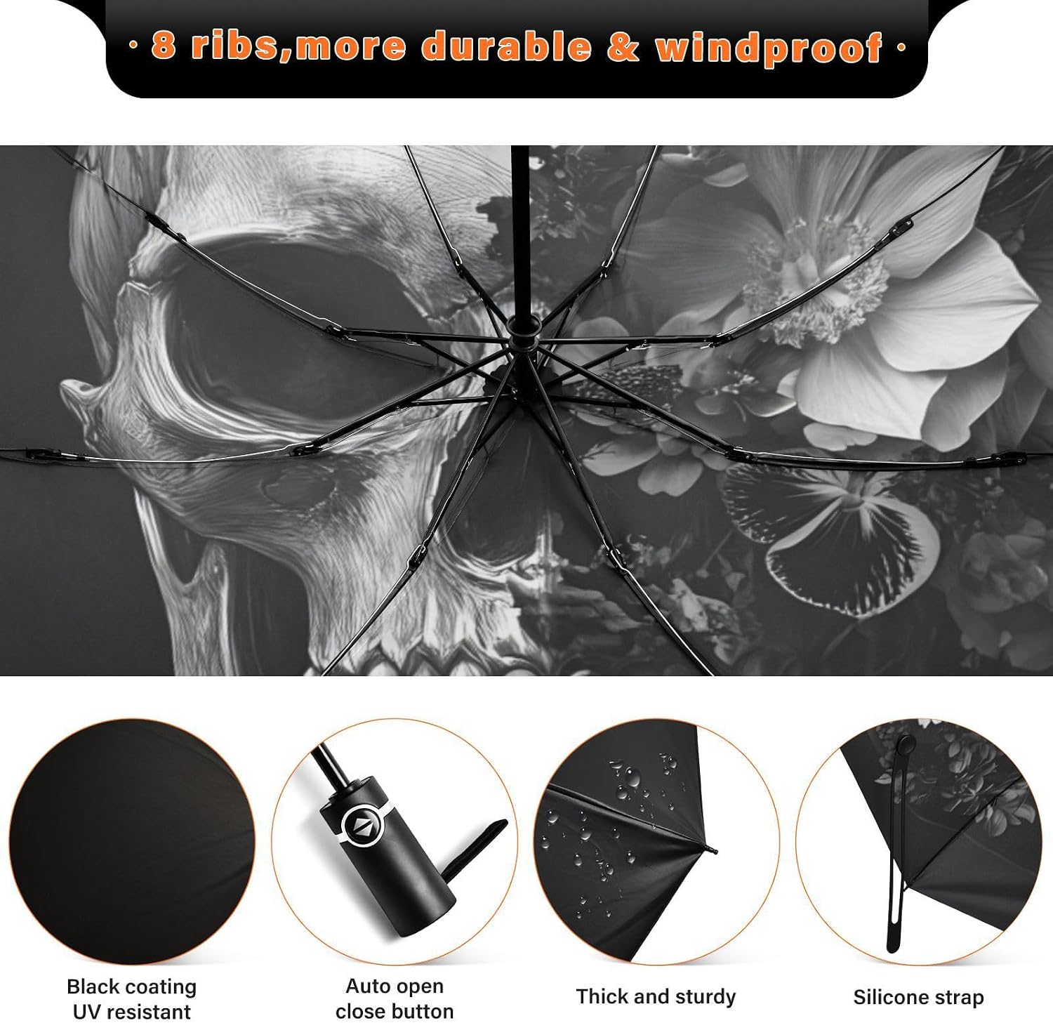 UPF 50+ Large Travel Umbrella Skull Flowers Art Compact for Rain and Sun - One-Click Automatic Open and Close - Windproof Portable 46” Sun Umbrella