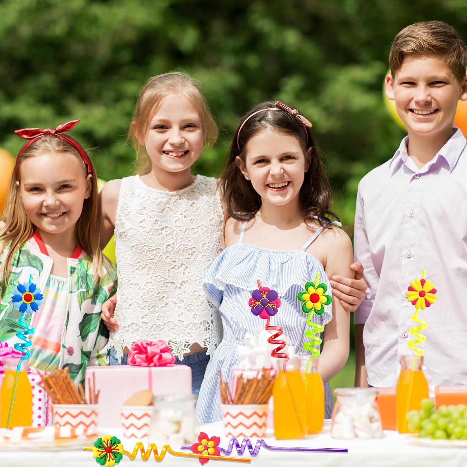 Fancy Land Reusable Flower Straws Plastic Daisy Drinking Straw Groovy Floral Party Favors for Spring Summer Birthday Beach Pool Party Decorations 24Pcs