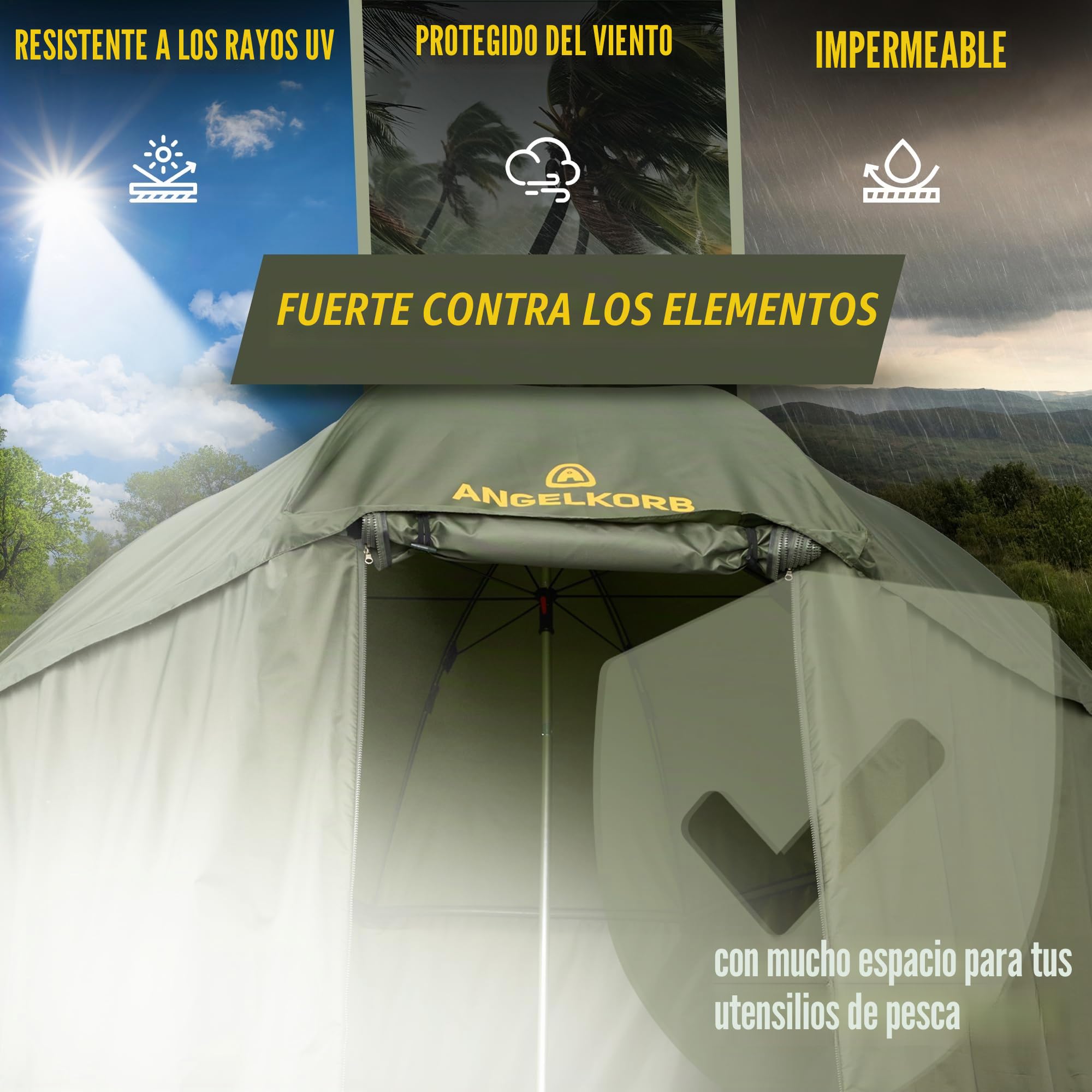 Angelschirm con pared lateral 2,50 m – Sombrilla para pesca y tienda de campaña, repelente al agua, protección contra mosquitos, inclinable a 45° – Carpa de pesca para camping y al aire