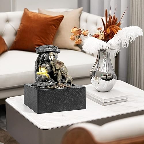 Miniatura 5 de BEAMNOVA Fuente de mesa, 3 fuentes de elefante y elefante bebé para interiores, con luz LED, función de agua para decoración del hogar y la oficina