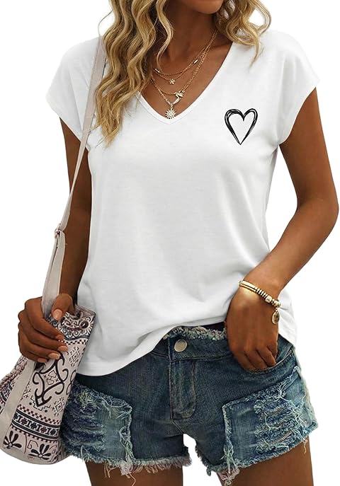 Gyabnw Camiseta Manga Corta Mujer Cuello V Corazones | Estampado de corazones, estilo de camiseta de manga corta, para verano y uso casual, camiseta básica para diario