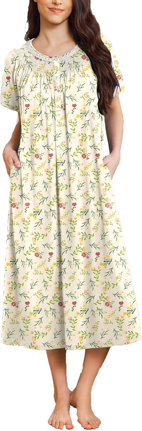 Ekouaer Long Nightgowns for Women Short Sleeve Sleepshirt Button Sleep Dress with Pockets