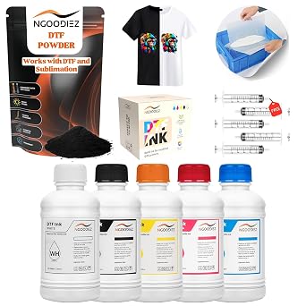 حزمة الطباعة NGOODIEZ DTF - مسحوق نقل DTF أسود للتسامي مع تحسين الالتزام + 5 &times; 250 مل تعبئة الحبر لمجموعة تحويل طابعة DTF