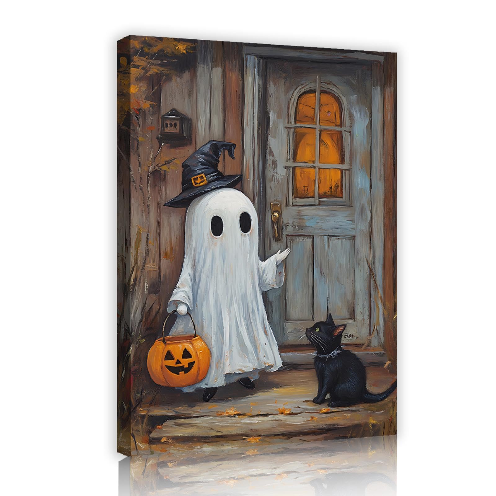 Via Vela Dunkler und seltsamer Stil Leinwanddruck Wandkunst Karikatur Alter Innenhof Geist und schwarze Katze Poster Bild Malerei für Klassenzimmer Dekor 50x75cm Innenrahmen