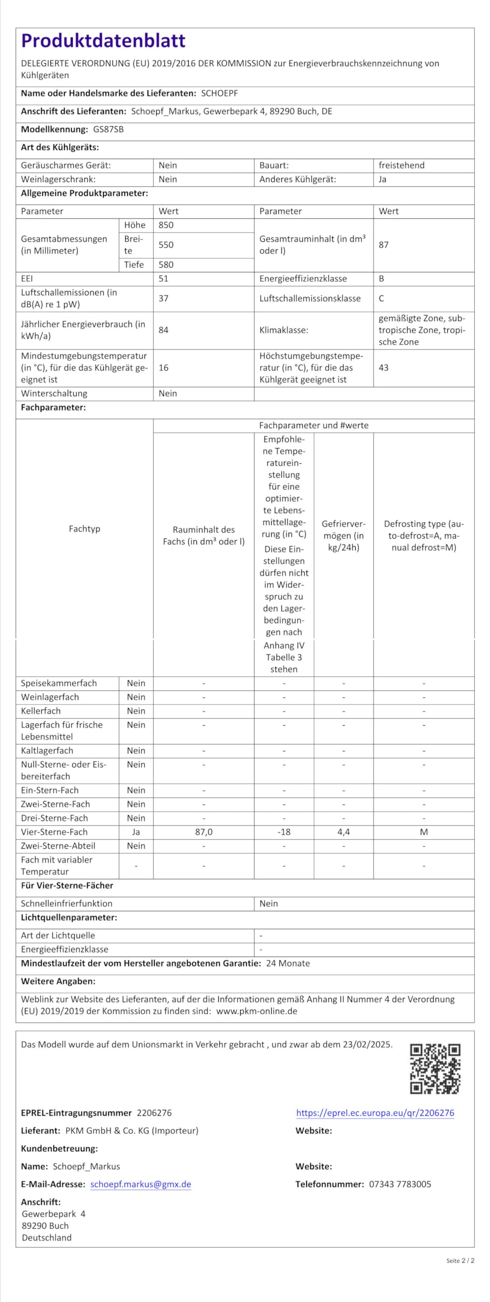SCHOEPF GS87SB Gefrierschrank 85 cm 87 L Energieeffizienzklasse B 37 dB 4-Sterne-Gefrierfach Weiß