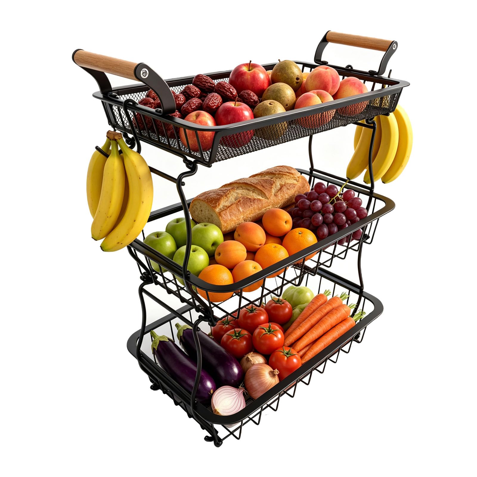 Obstkorb mit 3 Ebenen, Obst-Gemüsekorb mit 2 Bananenaufhängern, Küchenarbeitsplatte, Anrichte, Vorratsschrank, zur Aufbewahrung für Brot, Snacks, Obst（ Schwarz）