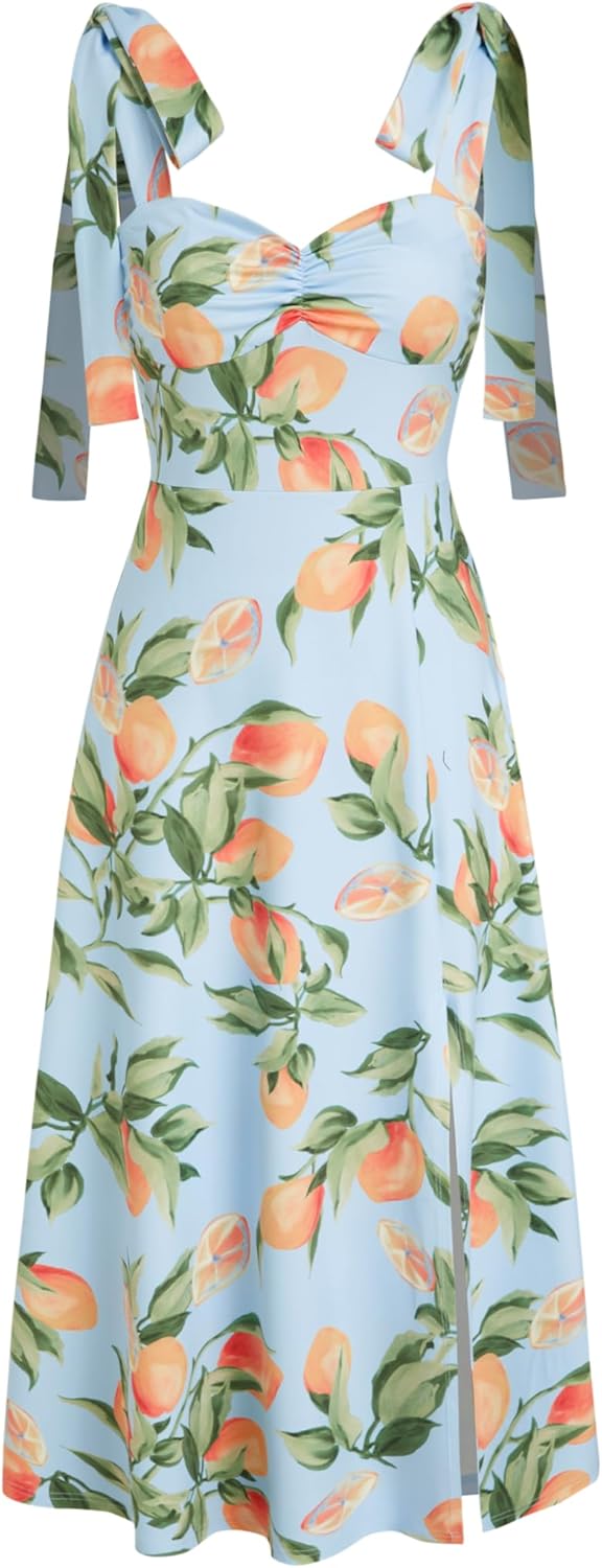 CIDER Sundresses for Women Floral Midi Boho Dresses Square Neck Bow Tie Cute Casual Dress Wedding Guest Dresses