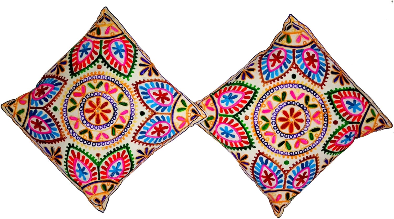 Purpledip Cotton Throw Pillow Cushion Covers 'Pattern Melody': Ethnic Design Embroidery, Set of 2, 16 Inches (12445J)