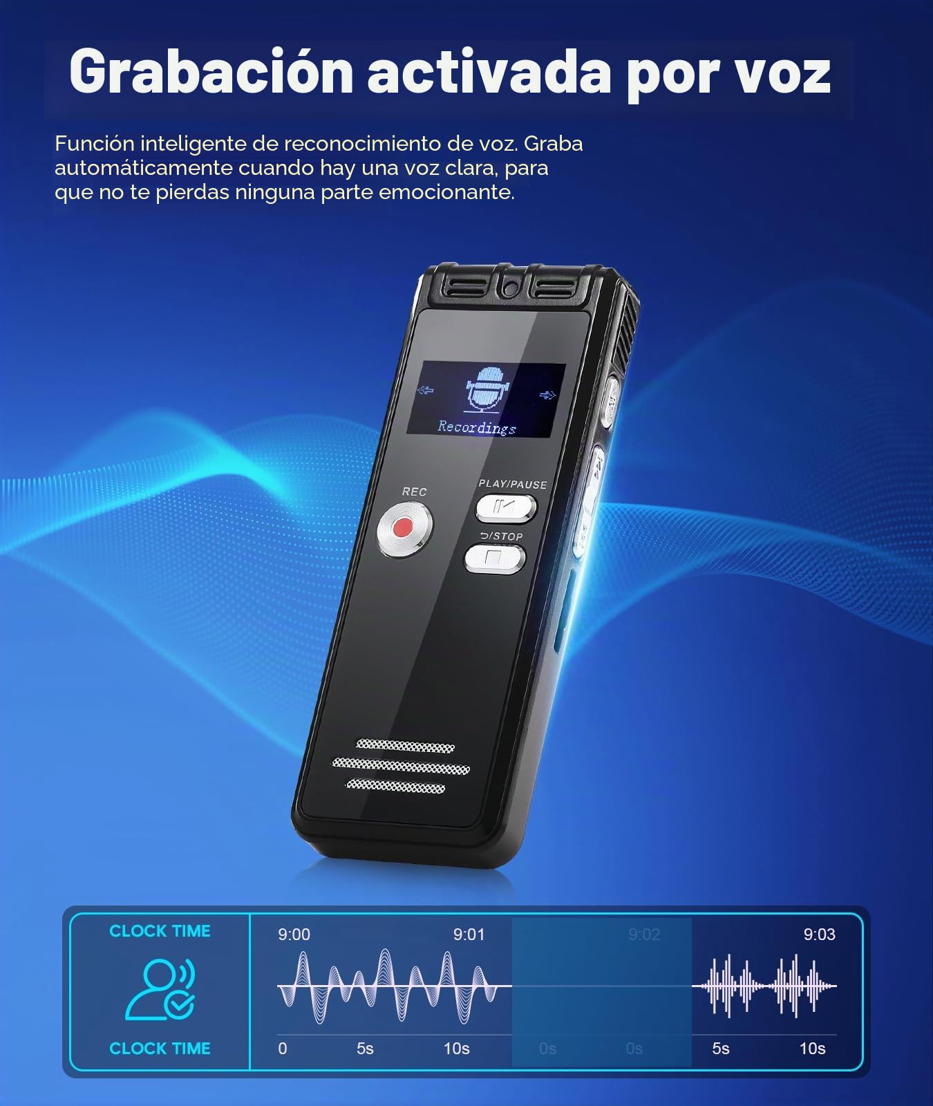 Grabadora digital activada por voz de 64 GB con reproducción, 3072 Kpbs HD Dual MIC, grabadora activada por voz con reducción de ruido para entrevistas/reuniones/clases, dispositivo de grabación de