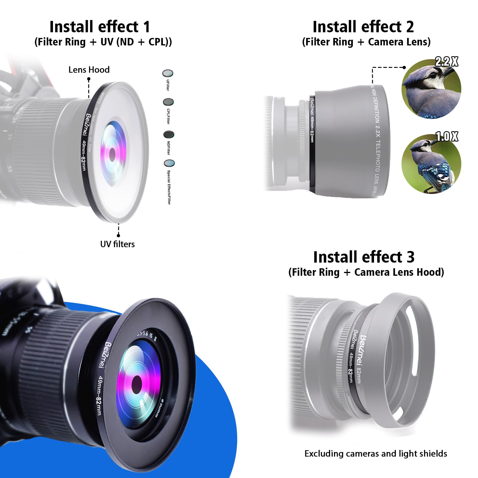Filtre adaptateur de 49 mm à 82 mm compatible avec tous les objectifs de 82 mm UV,ND, CPL,filtre, 49 mm lentille to 82 mm appareil photo filtre (49-82 mm) - 4