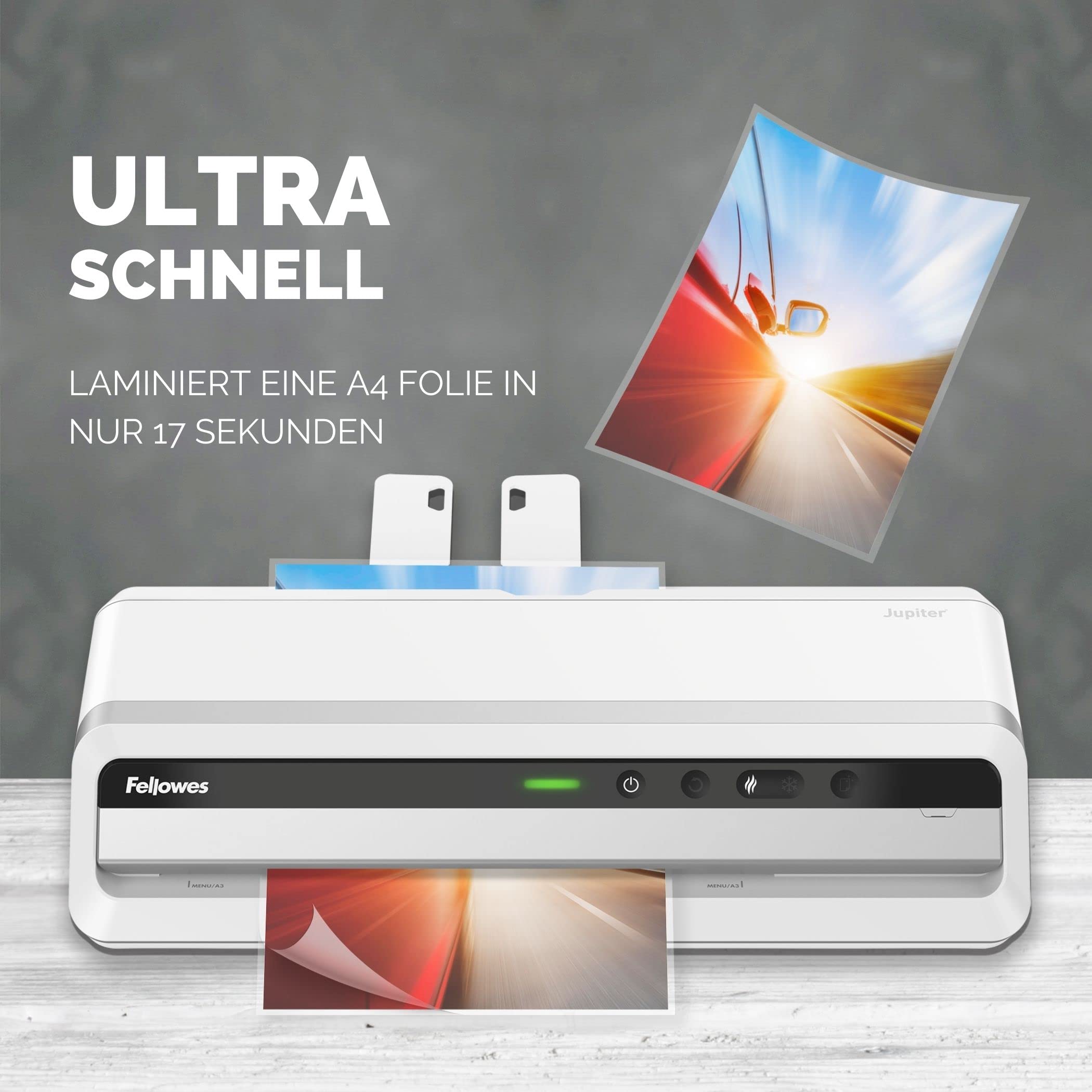 Fellowes Laminiergerät Jupiter A3 - vollautomatischer Büro-Laminator - nur 60 Sek. Aufwärmzeit - für Heißlaminierfolien bis 250mic - Anti-Stau-Funktion - inkl. Starterset für 10 Laminationen