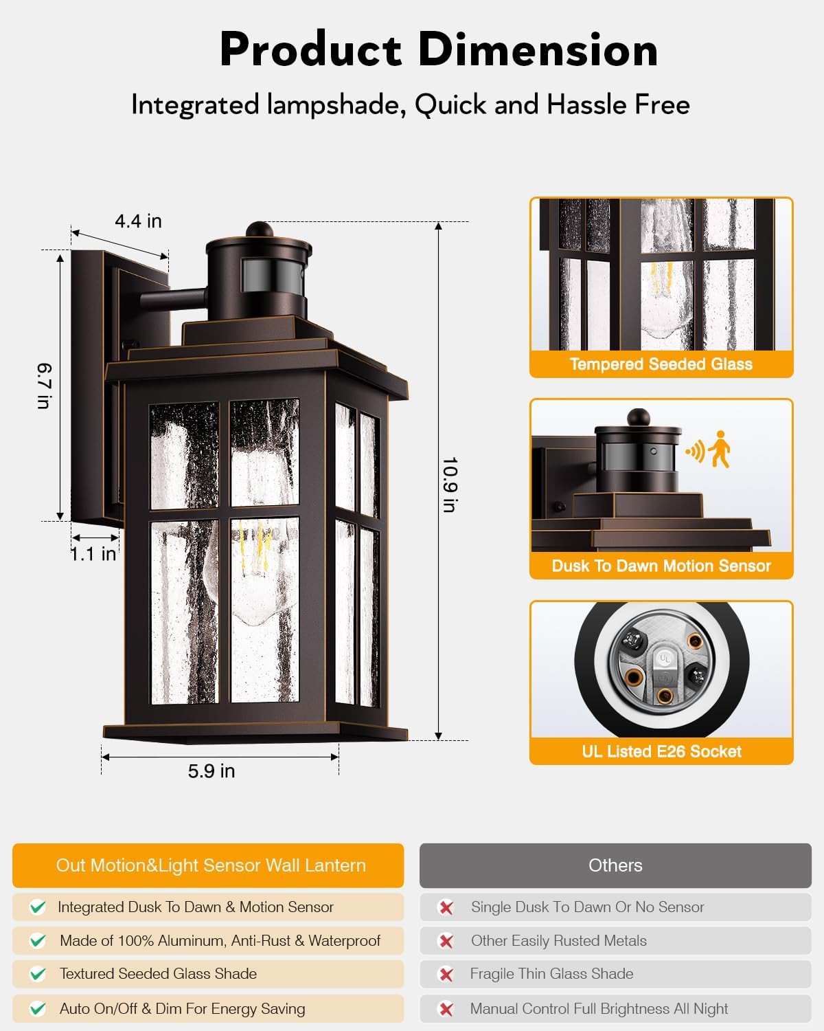 VIANIS Motion Sensor Exterior Lighting Fixtures for House, Oil Rubbed Bronze with Gold Trim Dusk to Dawn Outdoor Porch Light, Waterproof Outdoor Garage Lights Wall Mount, Outside Wall Sconce for Coach