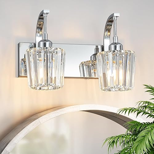 Miniatura 9 de Luces de tocador de cristal cromadas de 4 luces, modernas lámparas de baño de cristal sobre espejo de 32.67 pulgadas de largo para baño Cromo
