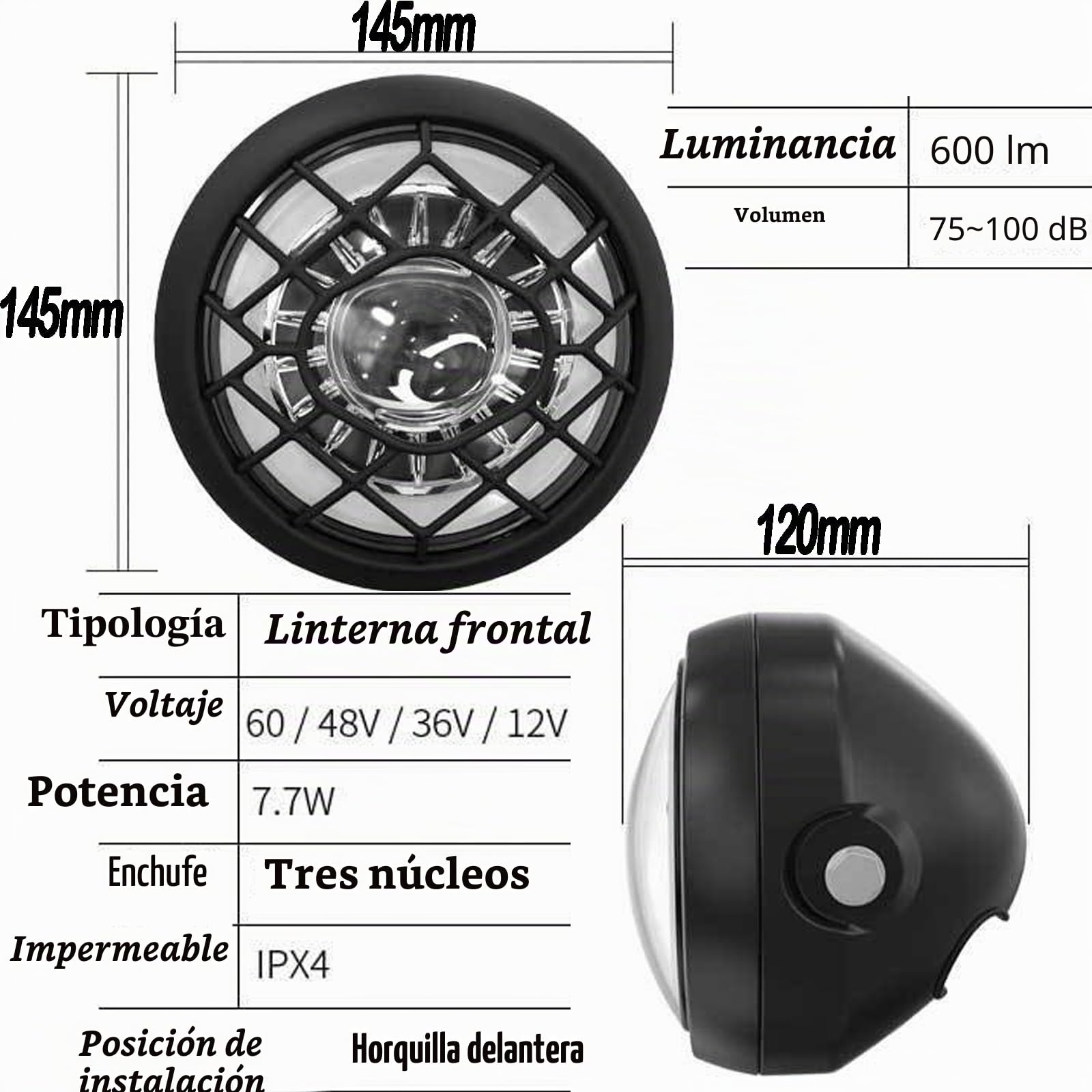 E-Bike - Faro delantero LED, 24/36/48 V, impermeable, conector macho 3 pines, luz superbrillante y de seguridad ultrabrillante, montaje en horquilla
