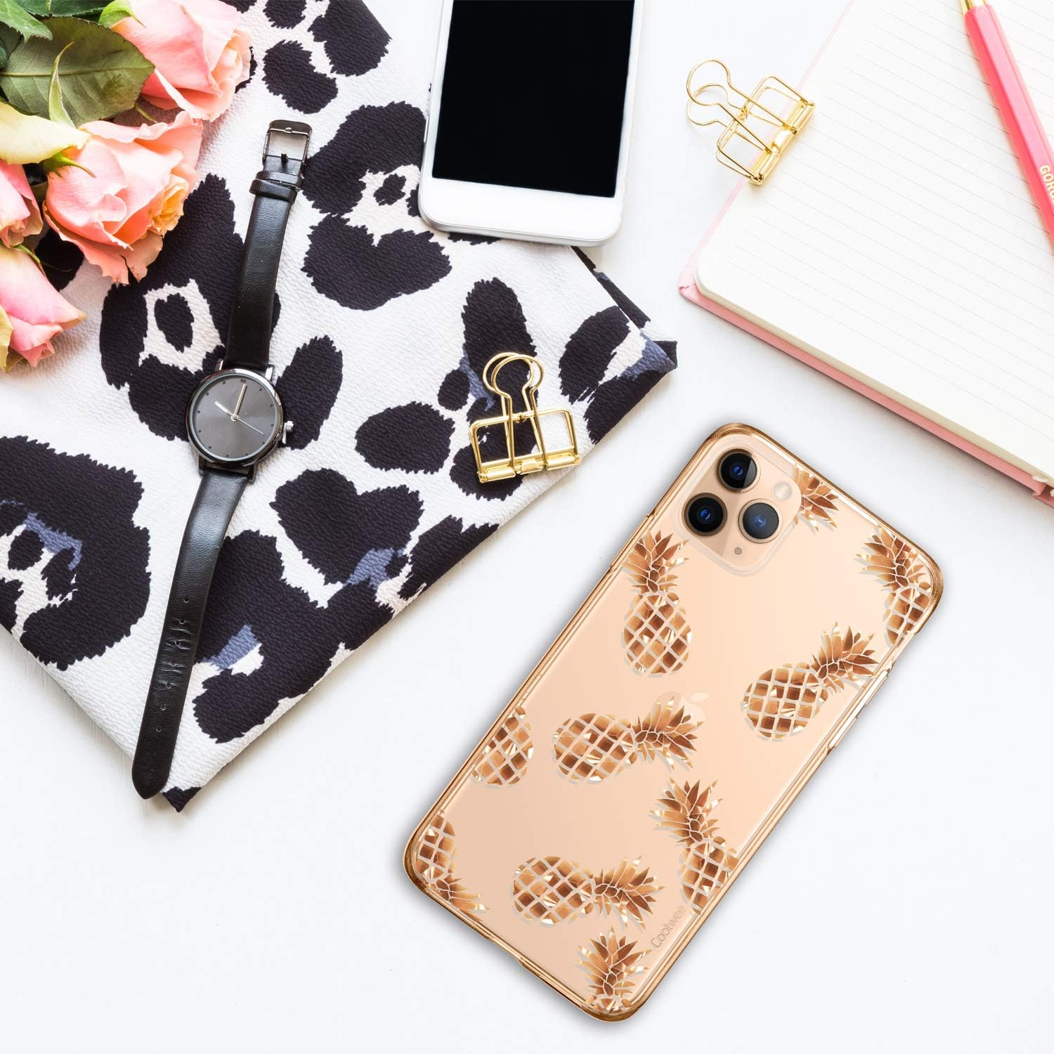 Coolwee Clear Glitter for iPhone 11 Pro Max Case Thin Flower Slim Bling Women Girl Floral Plastic Hard Back Soft TPU Bumper Protective Cover for Apple iPhone 11 Pro Max Rose Gold Pineapple