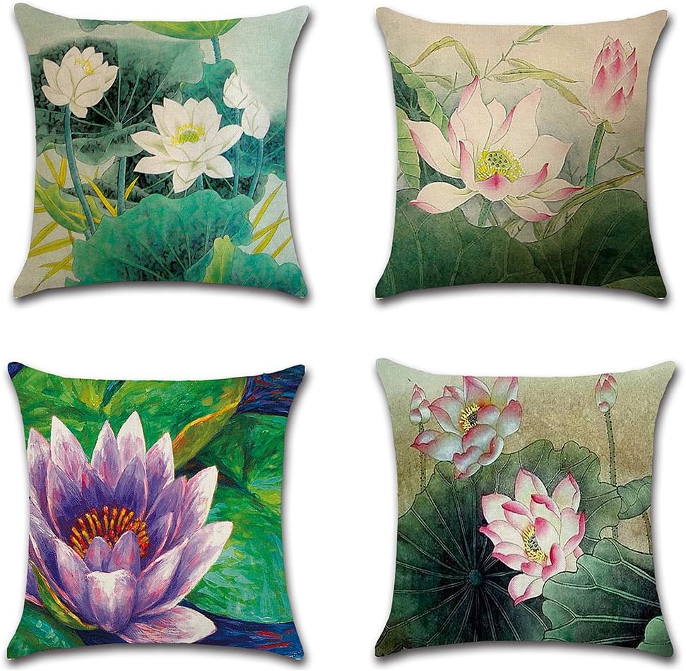 HuifengS Linen Throw Cushion Pillow Covers Square Pillowcase Lotus Decorative for Sofas Beds Chairs Cushion Cover Set of 4, 18 x 18 Inch