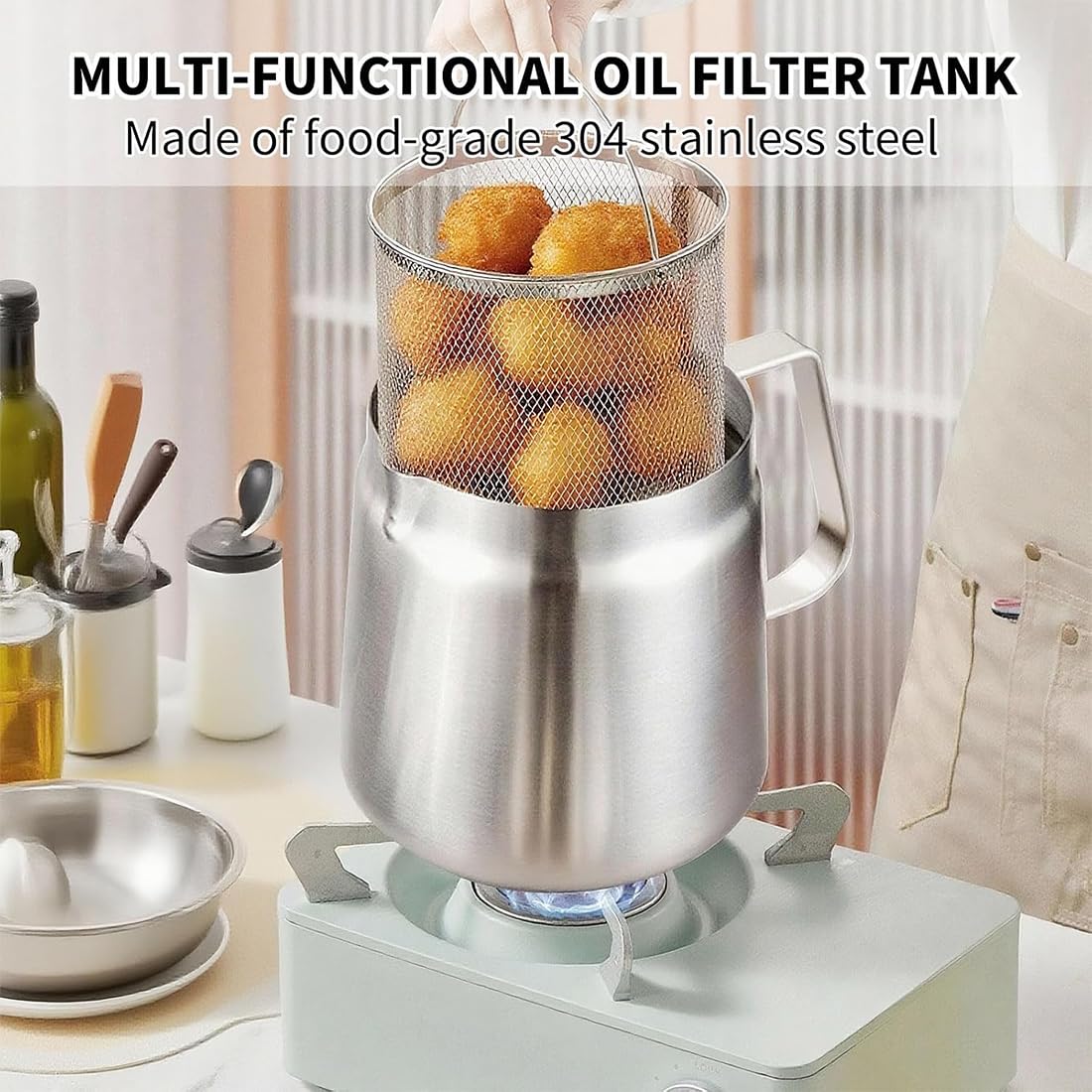 Pentola per friggitrice con cestello e colino, 2 l, grande capacità, in acciaio inox 304, filtro dell'olio per cucina, friggitura, cucina, campeggio