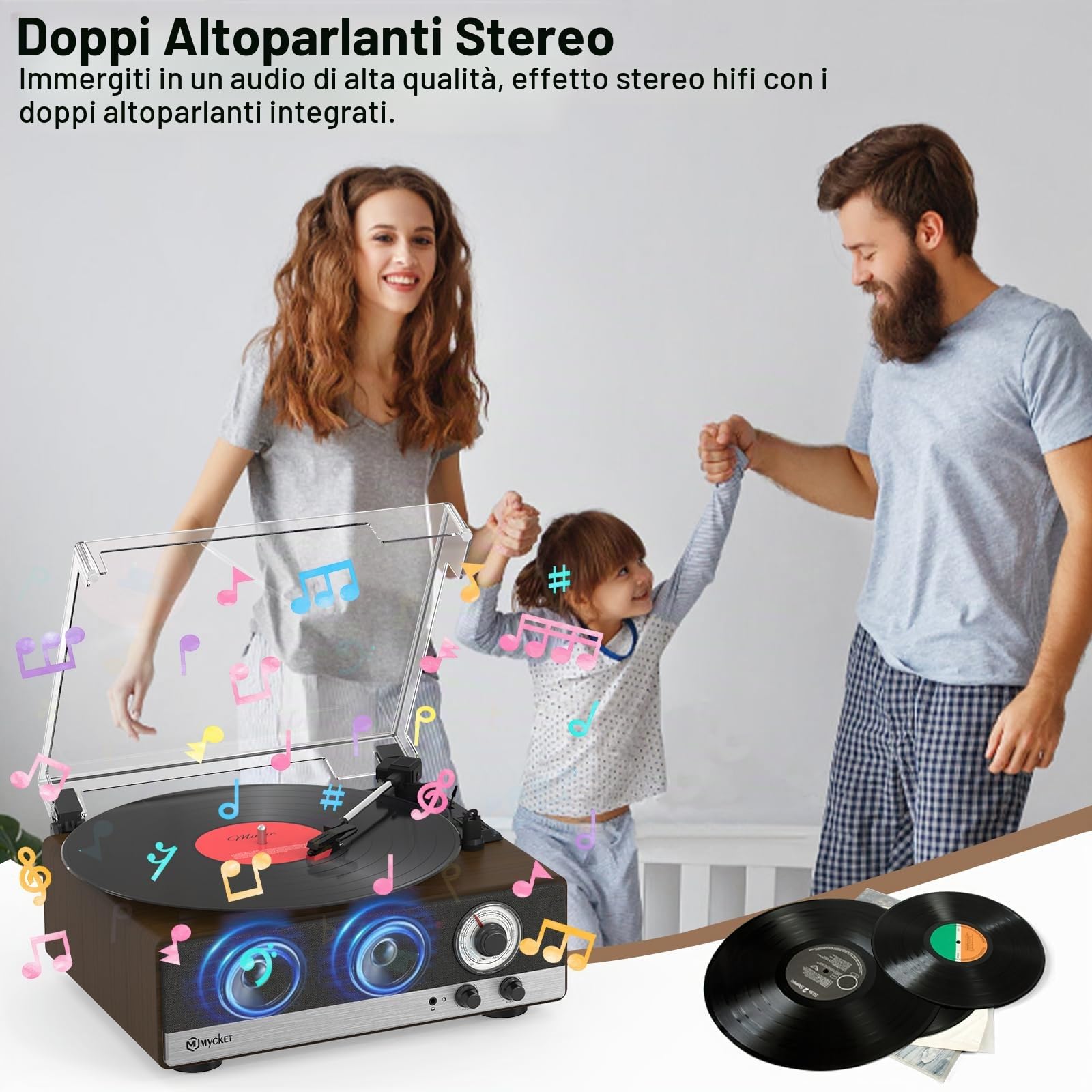 Mycket Giradischi in vinile Bluetooth 5.3 con altoparlanti integrati, vintage, giradischi con 3 marce, 33/45/78 U,AM/FM, trasmettitore Bluetooth, RCA Out, Auto-Stop