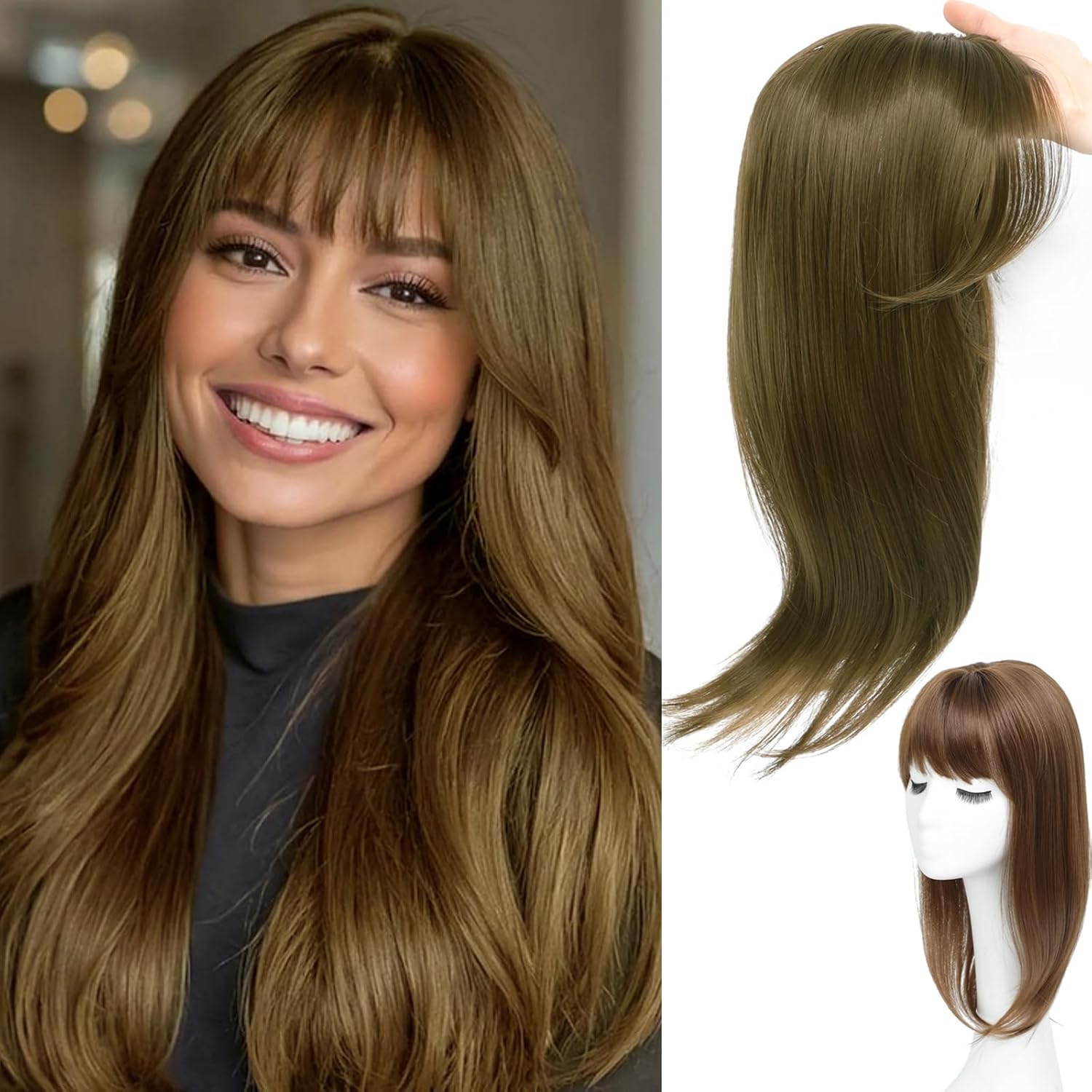 Hair Topper, 360 3D Hair Toppers for Women with Thinning, 18 Inch Long Pieces for Women Clip in Side Bangs (Medium Chestnut Brown, 3D Wispy Bangs)