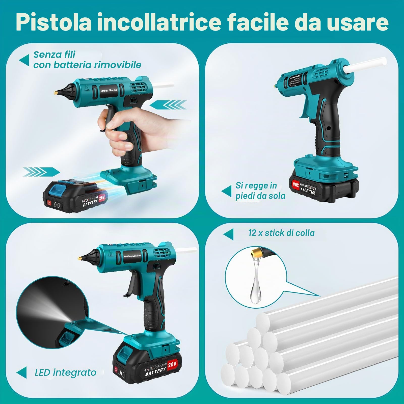 Pistola per Colla a Caldo a Batteria da 100 W Senza Fili con Batteria da 21 V, 2000 mAh con 12 Bastoncini di Colla, Pistola per colla a Caldo per Fai da Te, Artigianato e Riparazioni Rapide