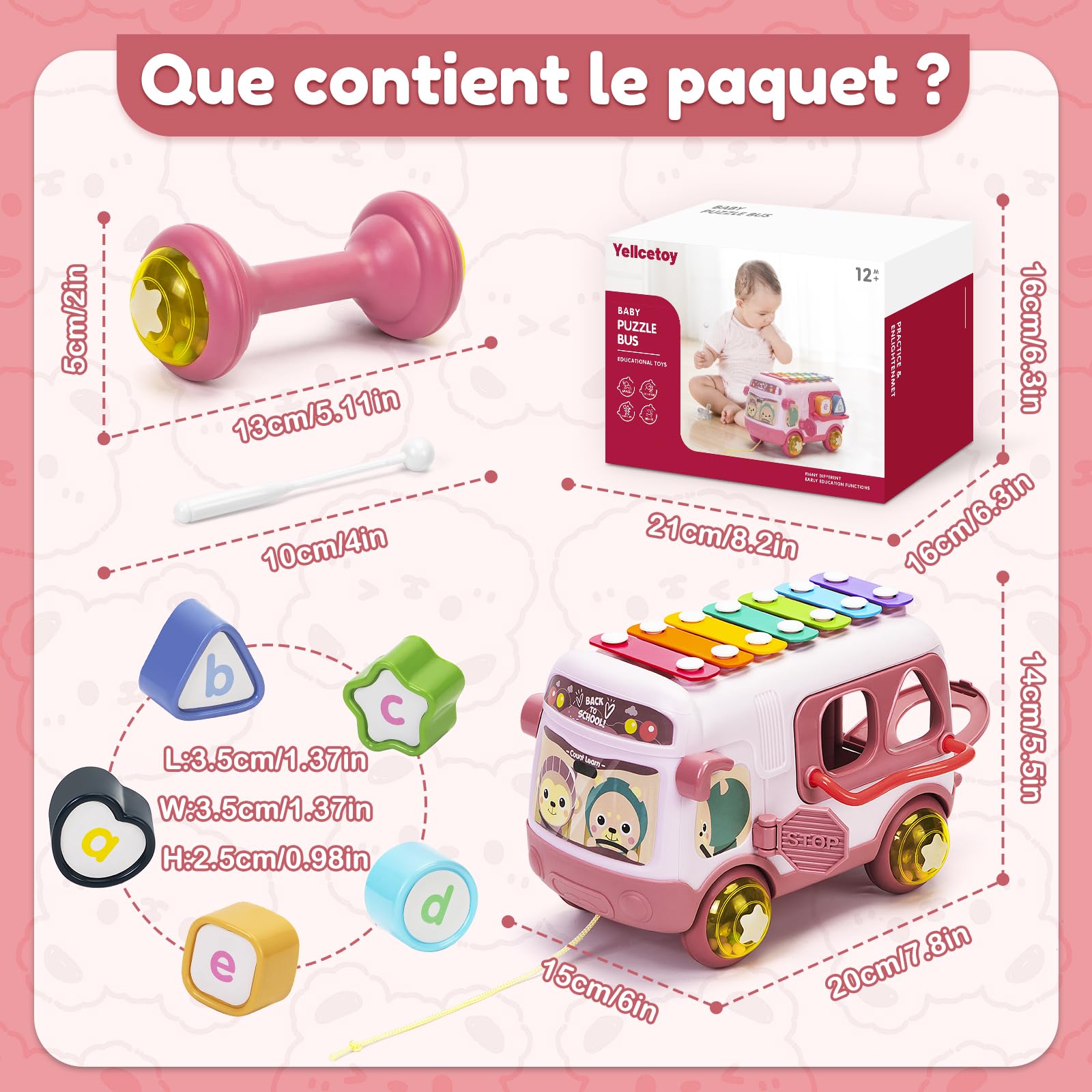 Jouet Fille 1 an, Jouets Bebe 12 à 18 Mois Bus Musicaux Sensoriel avec Xylophone, Trieur de Formes Jouet éducatif précoce, Cadeaux pour Les Enfant 12 Mois+ Rose