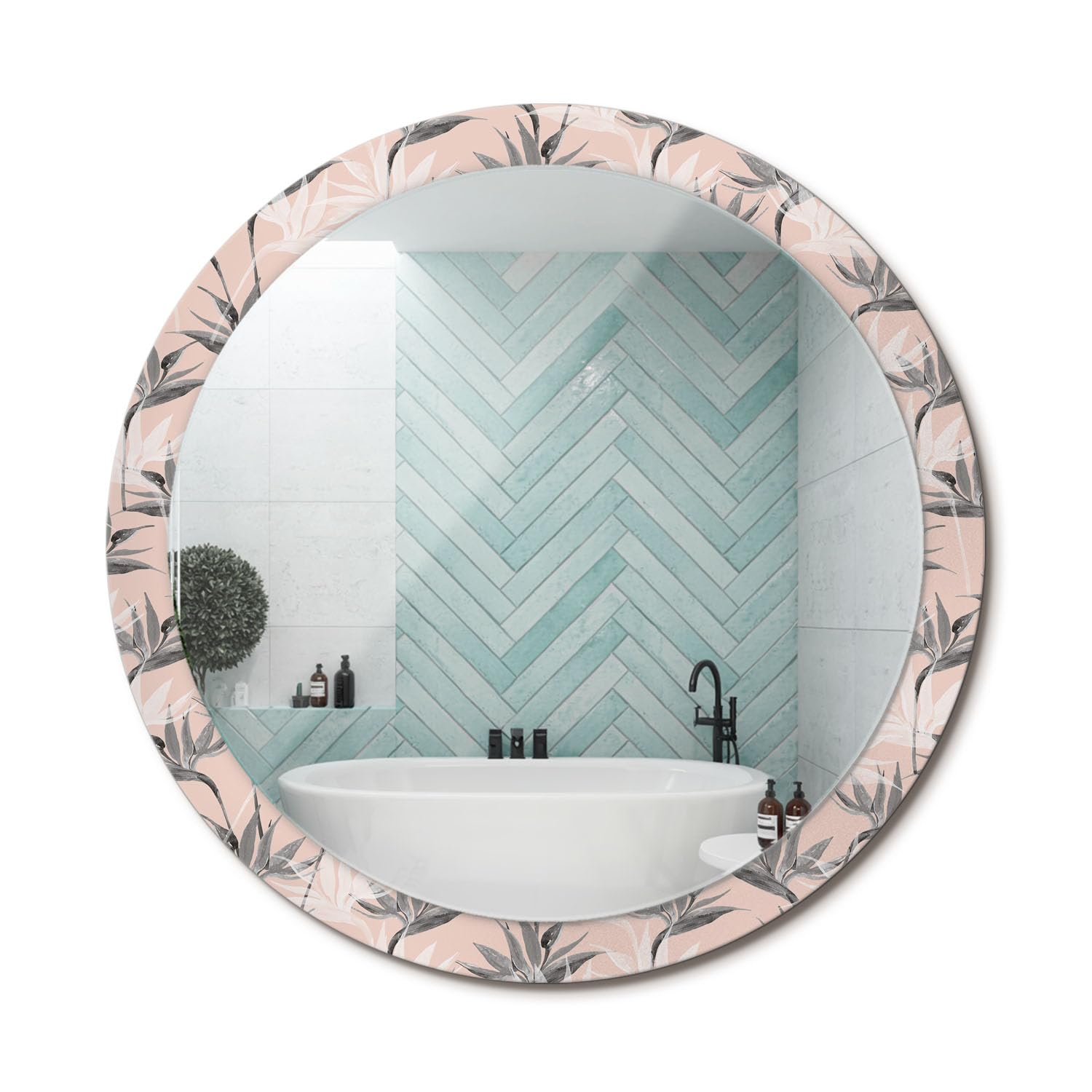 Miroir rond artistique Strelitzia fi100 avec cadre imprimé pour déco murale