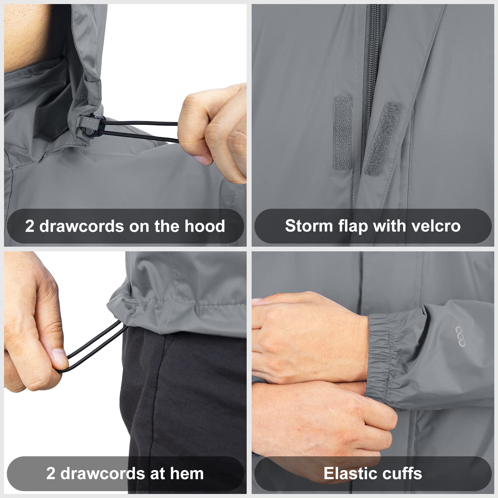 33,000ft Veste de pluie légère imperméable pliable avec capuche pour vélo Coupe-vent Camping Outdoor, gris, XL