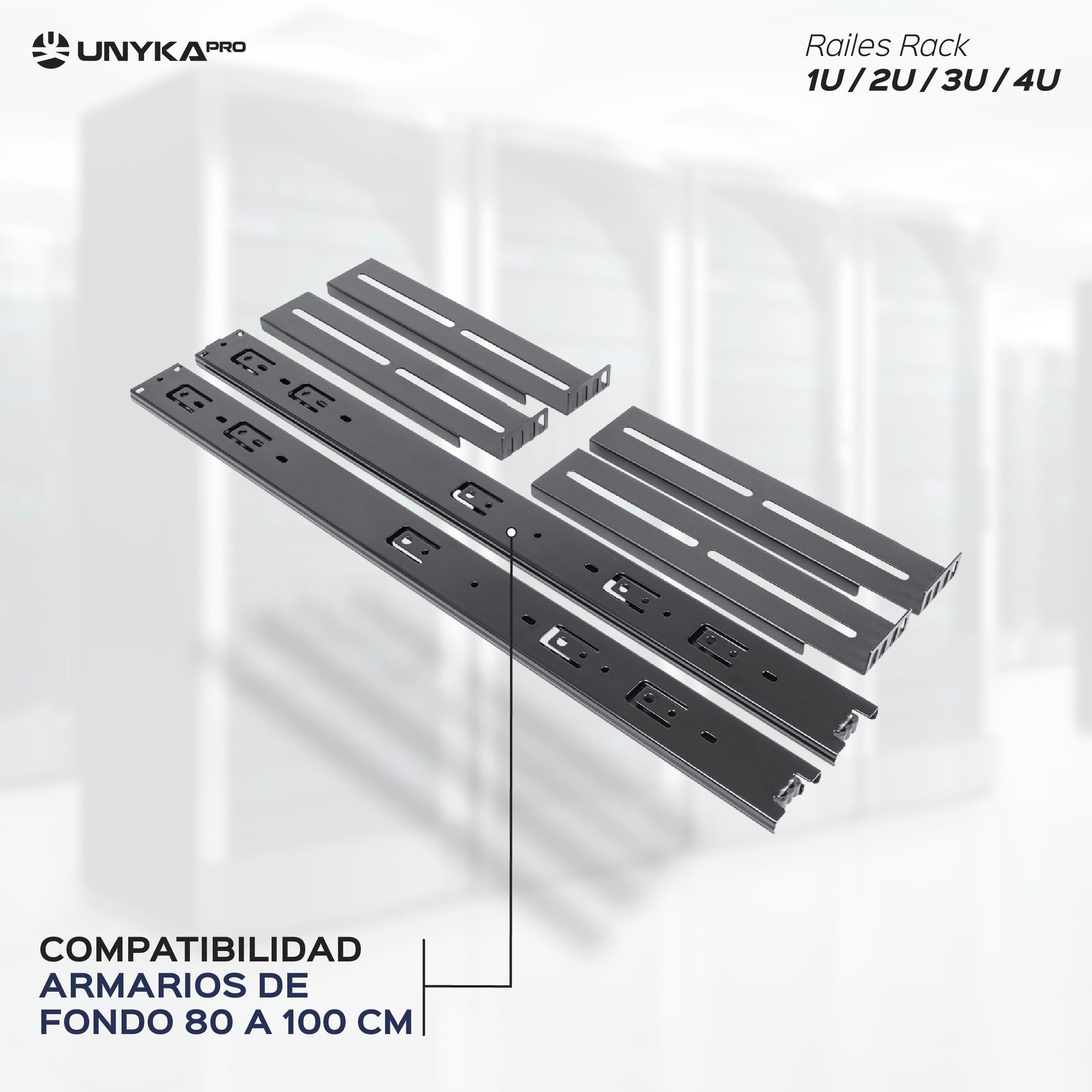 UNYKAch Juego de Dos Railes - Guías Telescópicas Válidas para Armarios de Fondo 80 a 100 cm y Cajas Rack 1U/2U/3U/4U