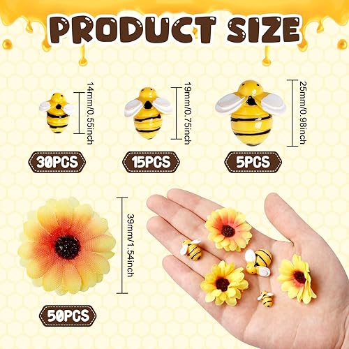 Miniatura 2 de Yzzsjc 50 piezas de decoración de abejas de resina pequeñas con 50 cabezas de girasol amarillo de seda artificial, 3 tamaños, en forma de abejorro,