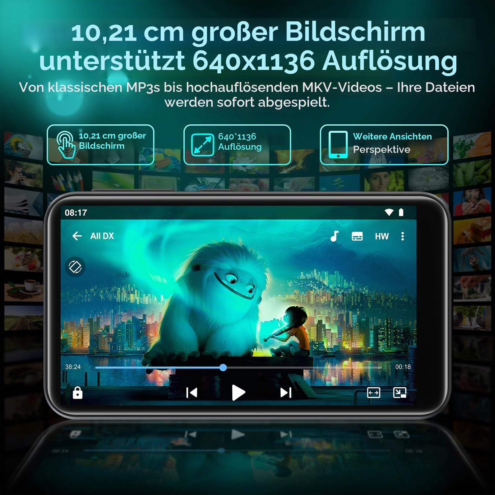 32GB MP3 Player mit Bluetooth und WiFi, Android 13 MP4 Player mit Spotify, Pandora, Audible, YouTube, Hi-Fi 4.02" Zoll Touchscreen Musik Playermit Play Store,Schwarz