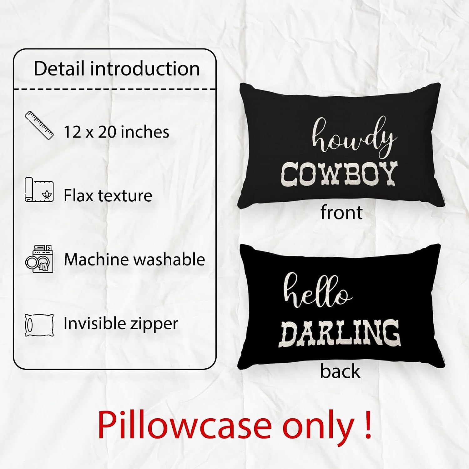 Western Bedroom Decor Throw Pillow Cover,Cowboy Cowgirl Teen Girls Boys Gifts,Western Pillow Covers Funny Couple Pillow Case 12 x 20 Inch Home Sofa Bed Decor (Black) image 3