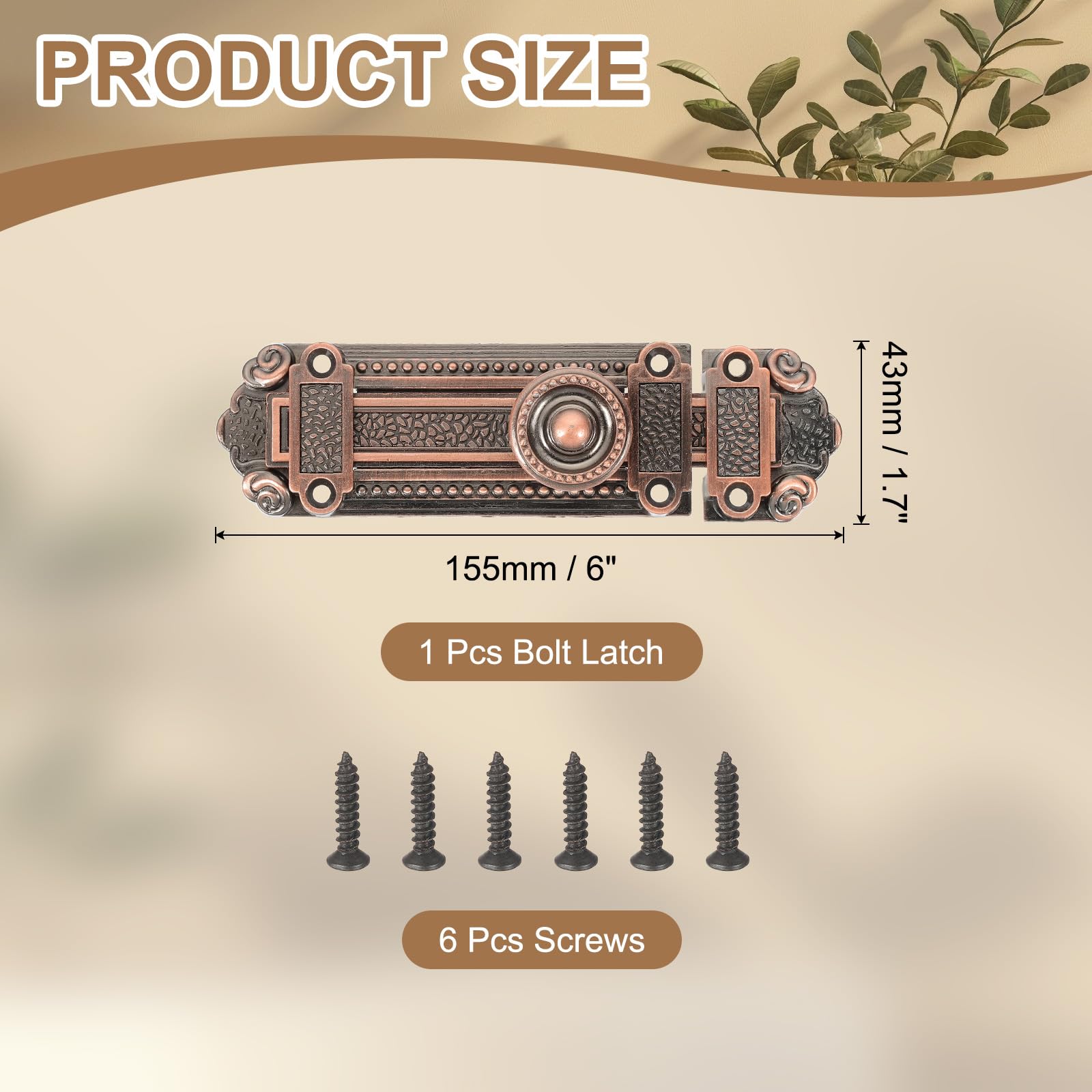 PATIKIL Barrel Bolt Latch, 6 Inch Slide Door Lock Zinc Alloy Gate Door Catch Bolt Latch for Bathroom Bedroom Barn Warehouse Red Bronze - Image 2