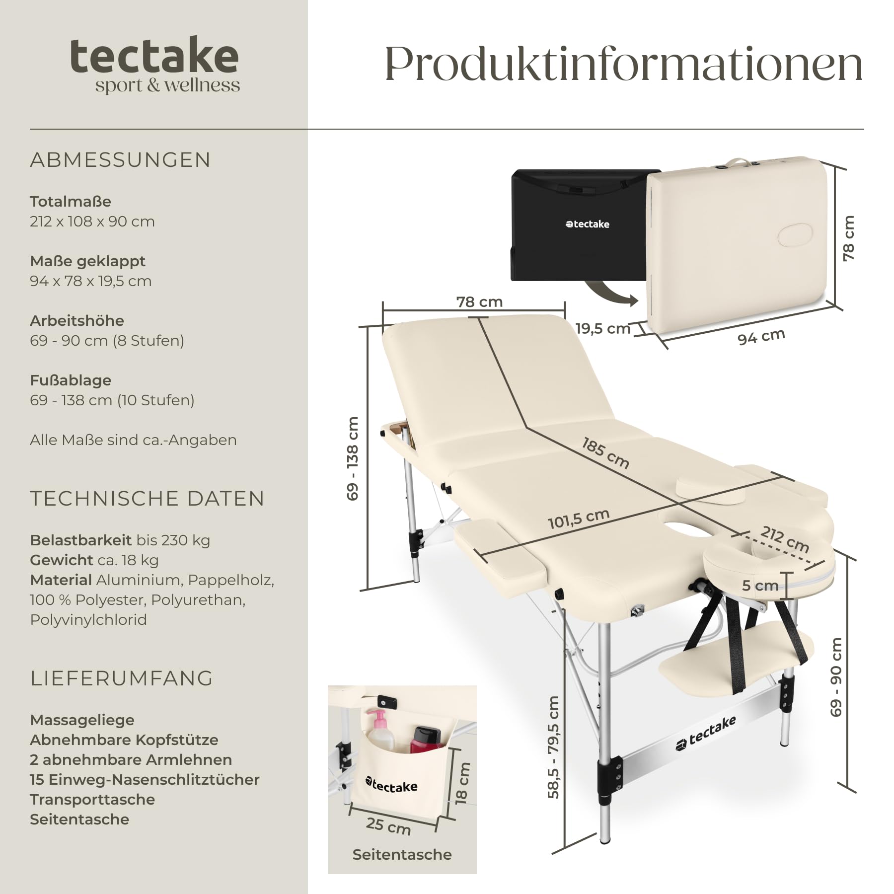 tectake Massageliege 3 Zonen klappbar höhenverstellbar Aluminium Massagetisch tragbar inkl. Zubehör beige