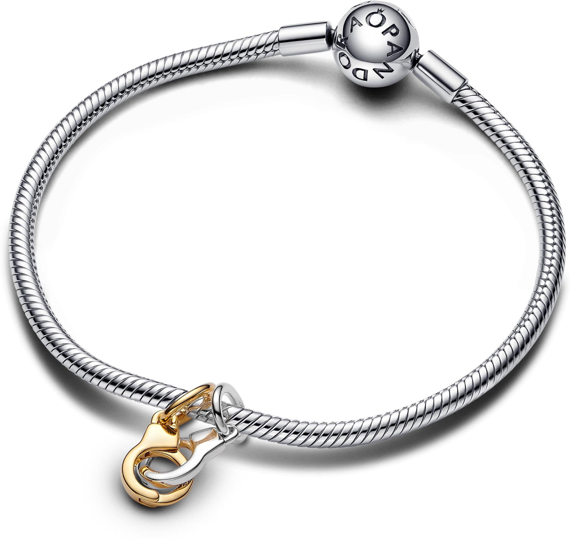 Pandora Moments Aufklappbarer & teilbarer Handschellen Charm-Anhänger aus Sterling Silber mit vergoldeter Metalllegierung, Kompatibel mit Pandora Moments und ME Armbänder, 763435C00