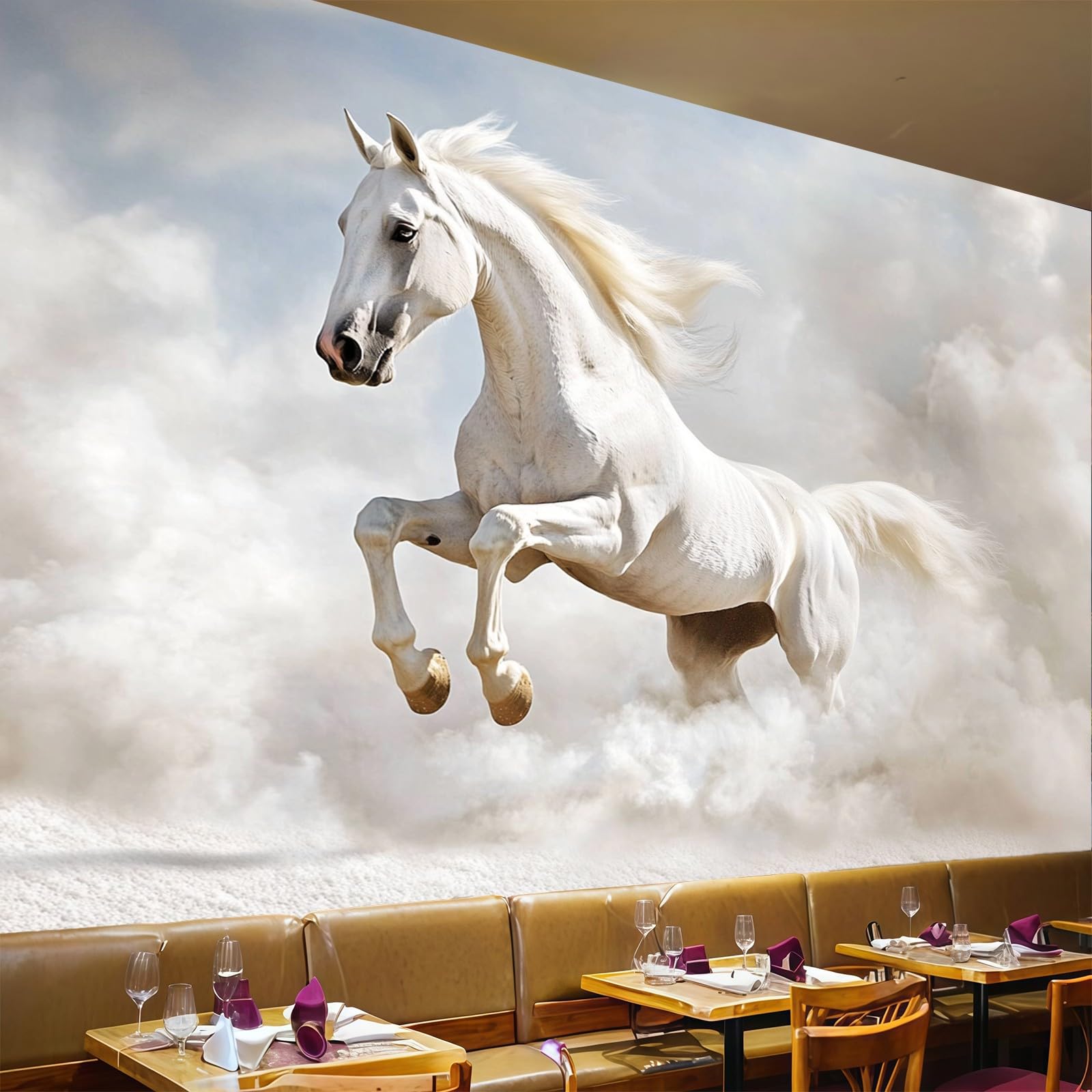 Papier peint panoramique cheval 3D intissé moderne blanc salon 450x315