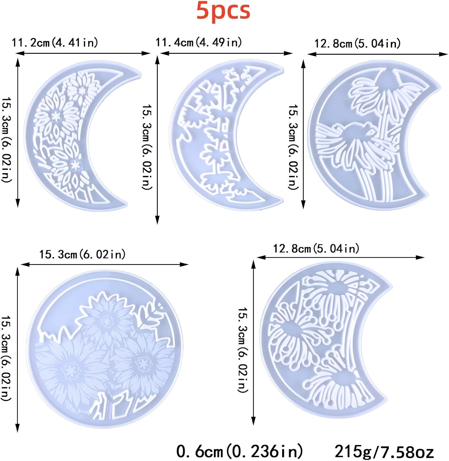 Moon Phase Wall Art Set, 5-Piece Floral Resin Molds, Decorative Silicone Casting Molds for Home Decor, Moon Phase Epoxy Resin Silicone Molds