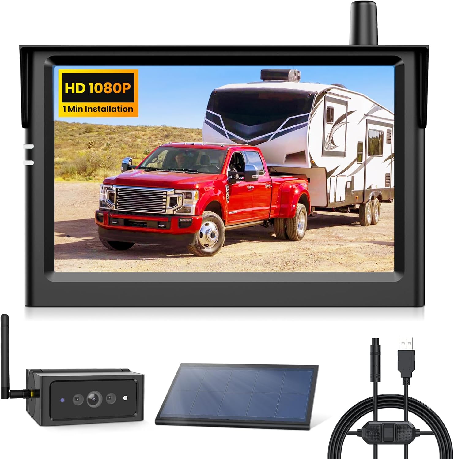 AUTO-VOX Wireless Backup Camera Kit components: 5-inch HD monitor, magnetic camera, solar panel, and power cables.