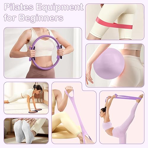 Miniatura 6 de Hoedia Kit de Pilates de 17 Piezas para Mujeres, Equipo de Pilates Anillo y Pelota Set con Bandas de Resistencia, Correa de Yoga, Deslizadores para