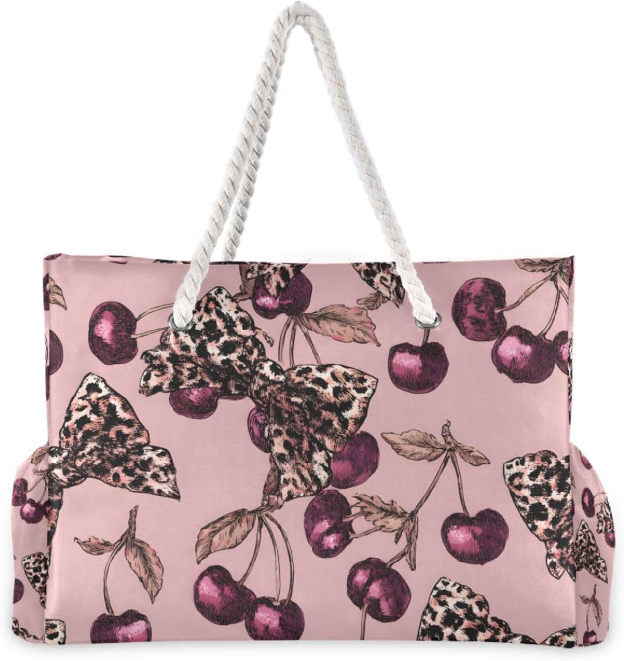 OTVEE Cherry and Leopard Bow Pattern Beach Bags for Women Ladies Large Canvas Tote Shoulder Bag Waterproof Travel Bags for Gym Swim Pool Camping
