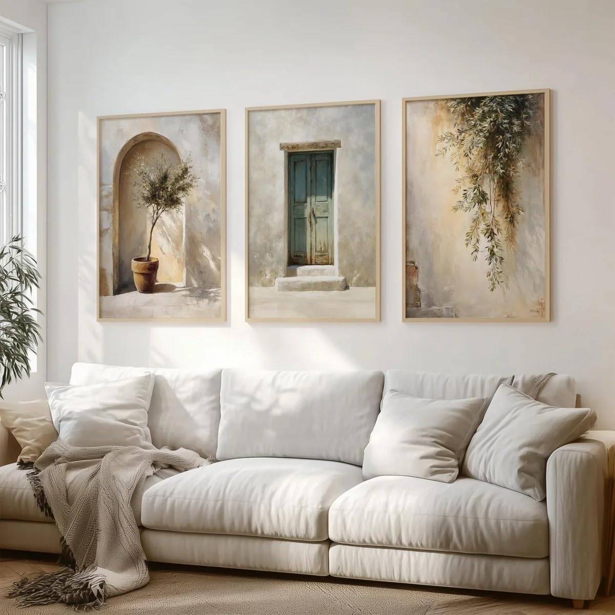 GOSRD Canvas Prints Poster Olive Tree Neutral Beige Rustic Courtyard Wall Art Home Decor(35x50cm-3Pcs/Frameless)