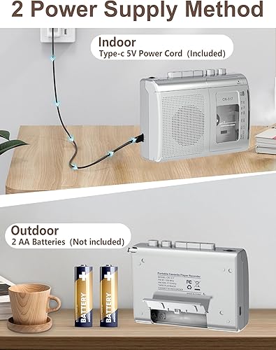 Miniatura 5 de Grabadora de casete con transmisor Bluetooth, Walkman, reproductor de cassette AM FM portátil con altavoz grande, conector estéreo para auriculares,