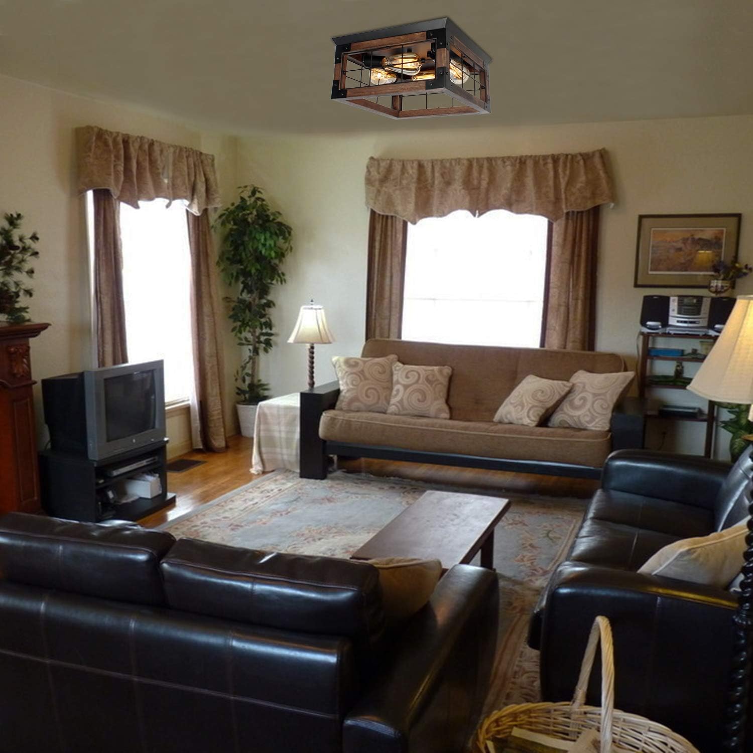 🛒 Flаѕh Sаlе JHLBYL Farmhouse Wood Flush Mount Ceiling Light,Black Metal Rustic Close to Ceiling Lighting Industrial Square Wire Cage Ceiling Light Fixture with 4 E26 Blub Socket for Farmhouse Kitchen Dining Room