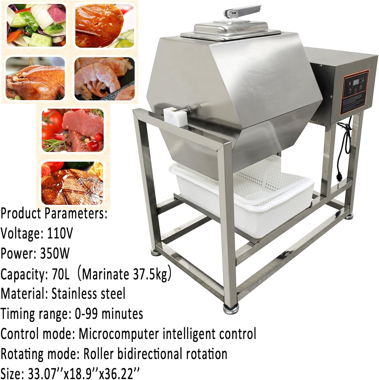 70L Hexagonal Stainless Steel Meat Vegetable Tumbler Marinator Rotatable Commercial Meat Curing Marinating Machine Electric Meat Tumbler Marinator 110V 350W